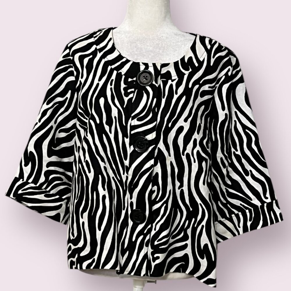 Carole Little Bebra Print Linen Jacket XL Black White Button Front Boxy Retro